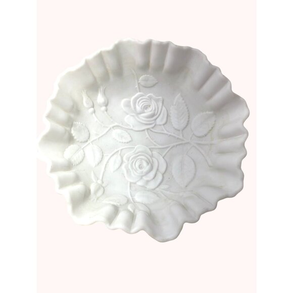 Imperial Other - Vintage Imperial Satin Glass Bowl White Roses MCM